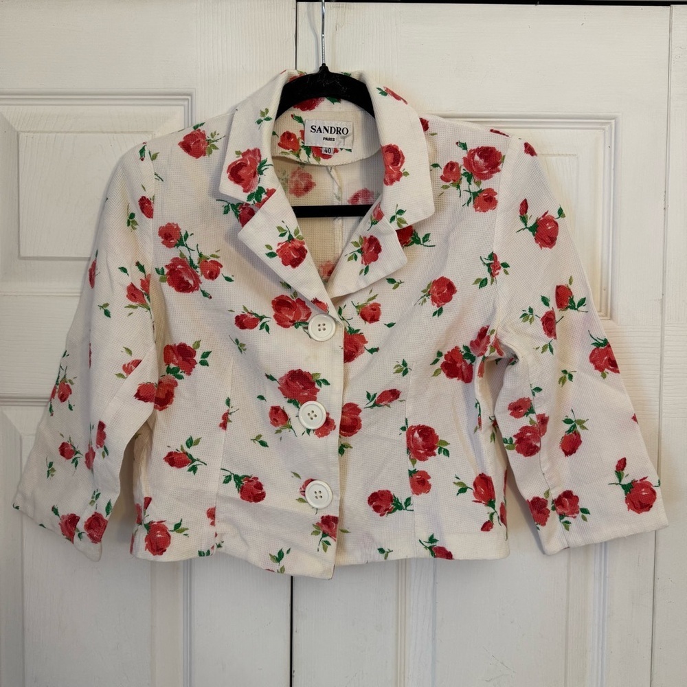 Sandro Paris Rose Floral Spring Cropped Blazer Jacket 100% Cotton 40
